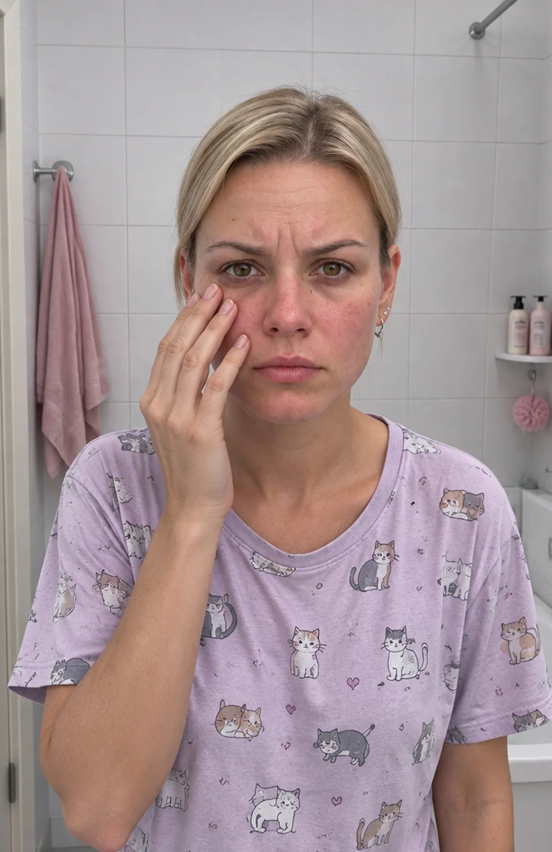Patricie ráno v koupelně, unavená, s rukou na tváři